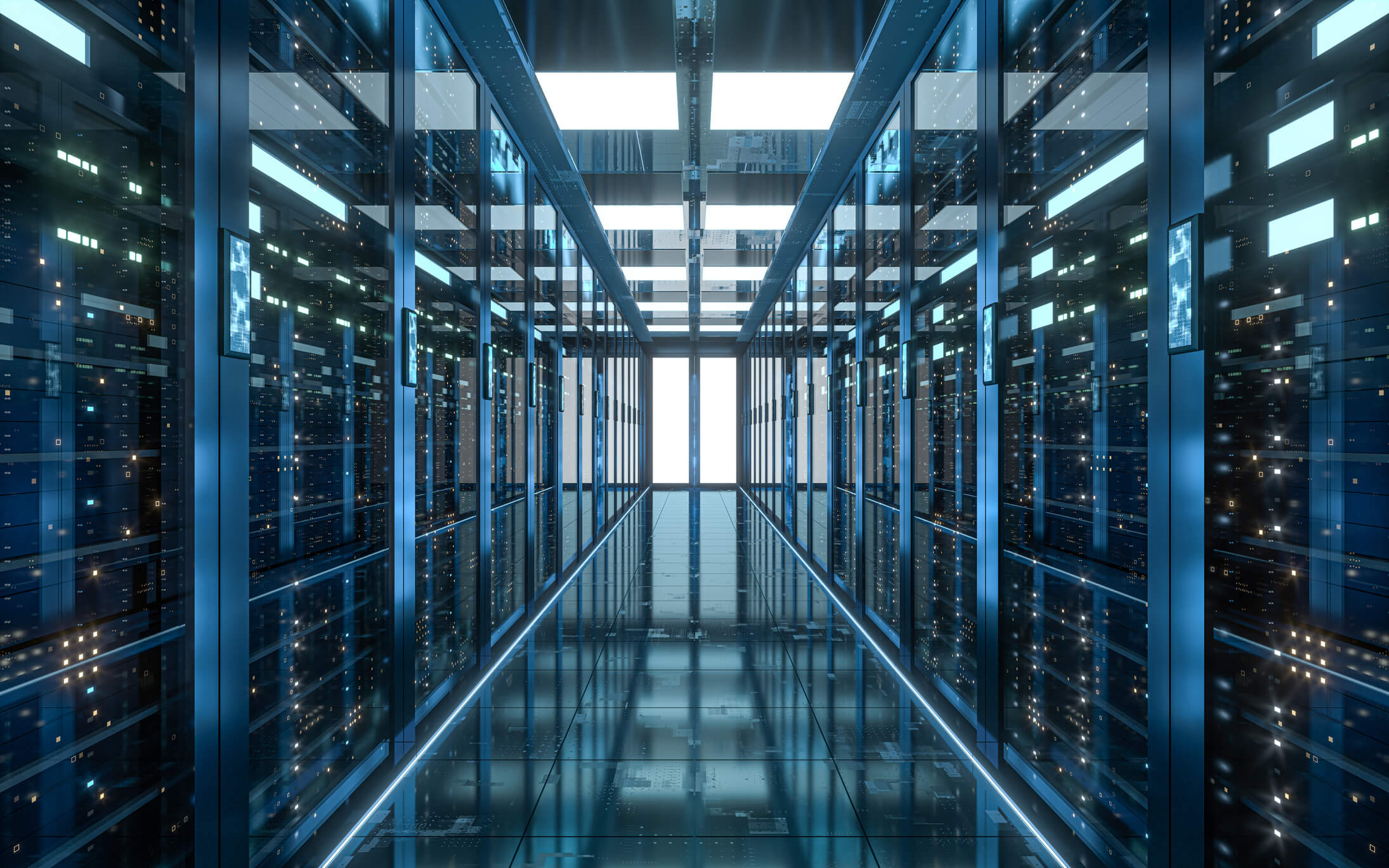 Server racks in computer network security server room data center